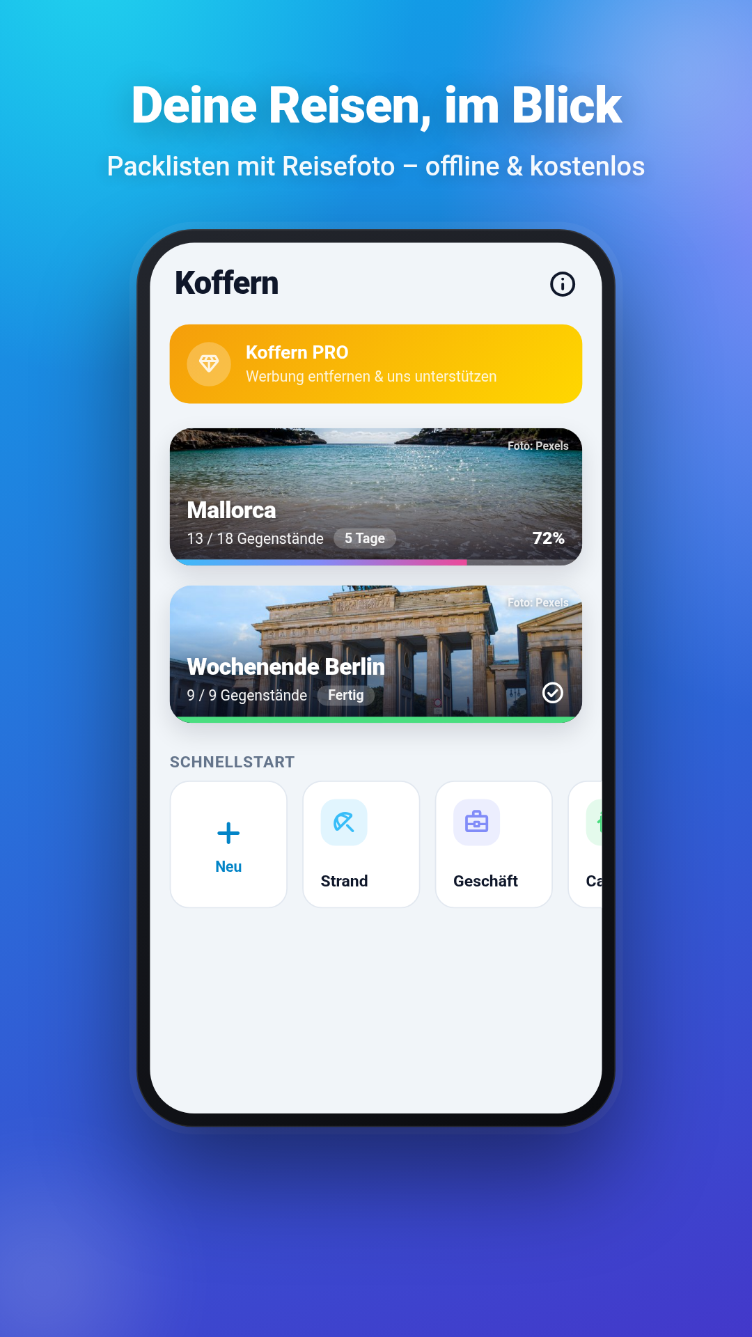 Koffern Startseite mit Packlisten, Reise-Countdown und Vorlagen