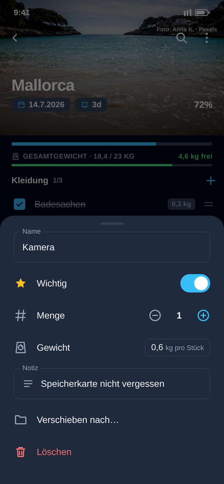 Detailansicht eines Teils mit Schalter Wichtig, Menge, Gewicht pro Stück und Notizfeld