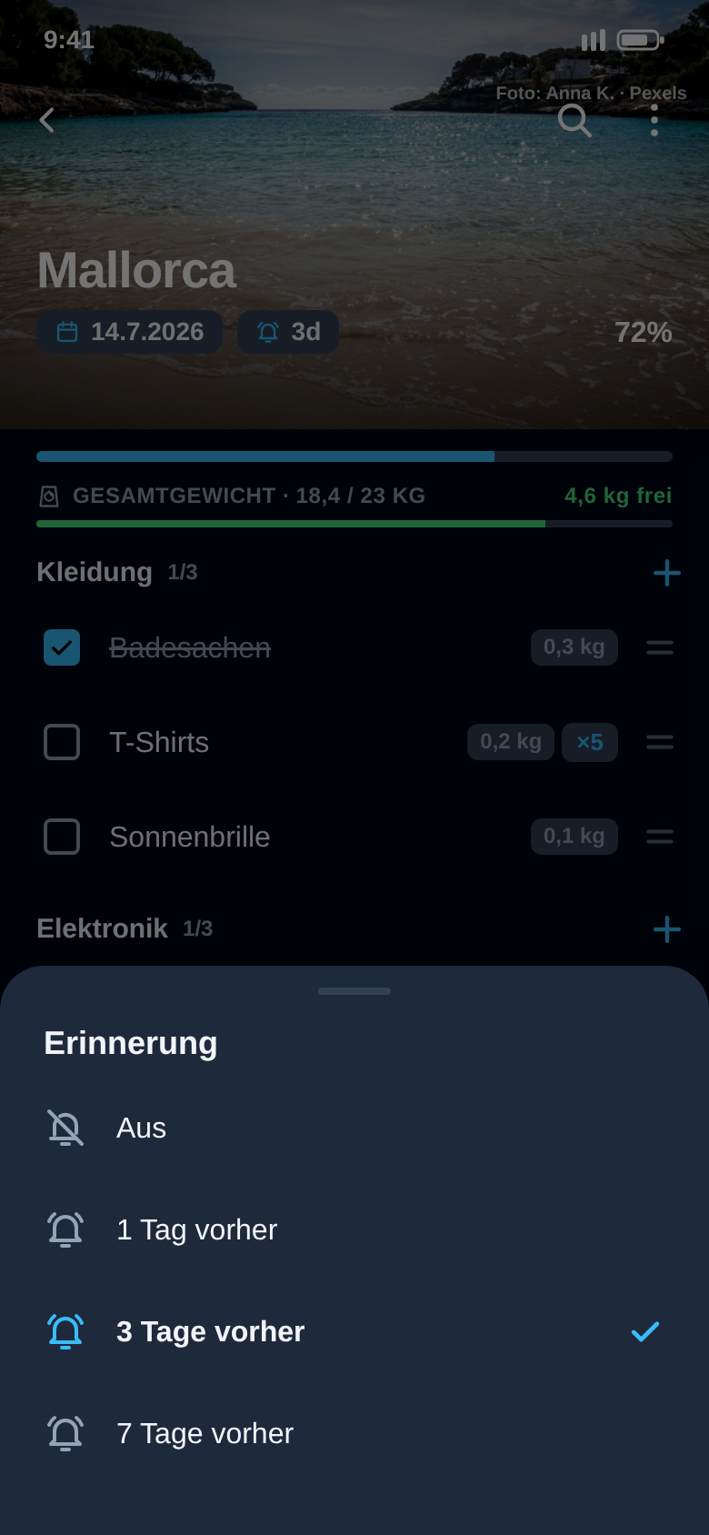 Auswahl der Erinnerung: aus, 1 Tag, 3 Tage oder 7 Tage vor der Abreise