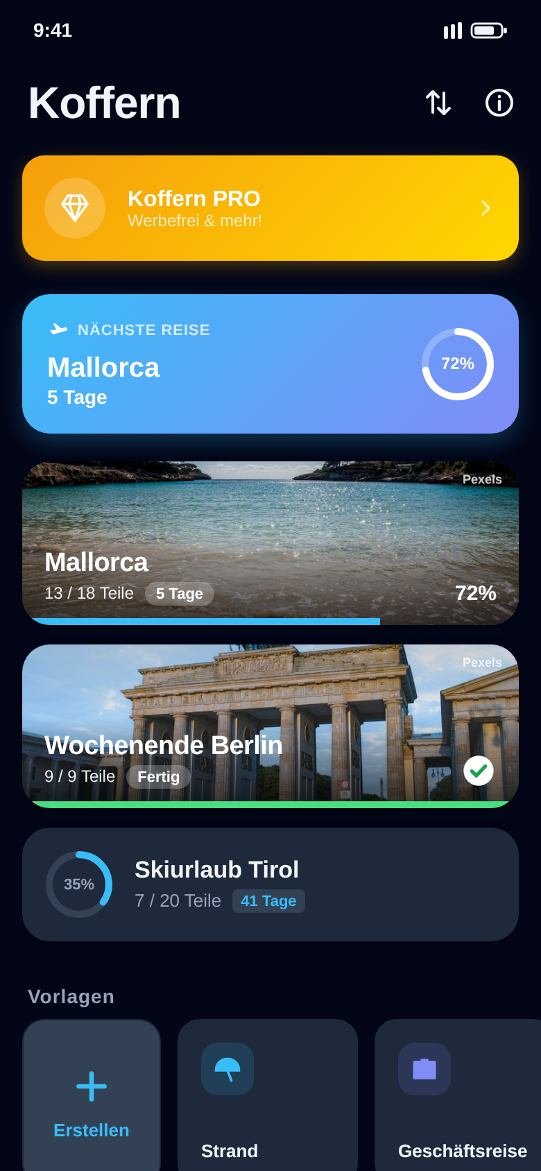 Startseite mit der nächsten Reise nach Mallorca, 72 Prozent gepackt, weiteren Reisen und Vorlagen