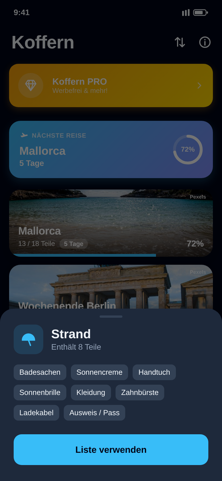 Vorlage Strand mit acht Teilen wie Badesachen, Sonnencreme und Handtuch und Knopf Liste verwenden