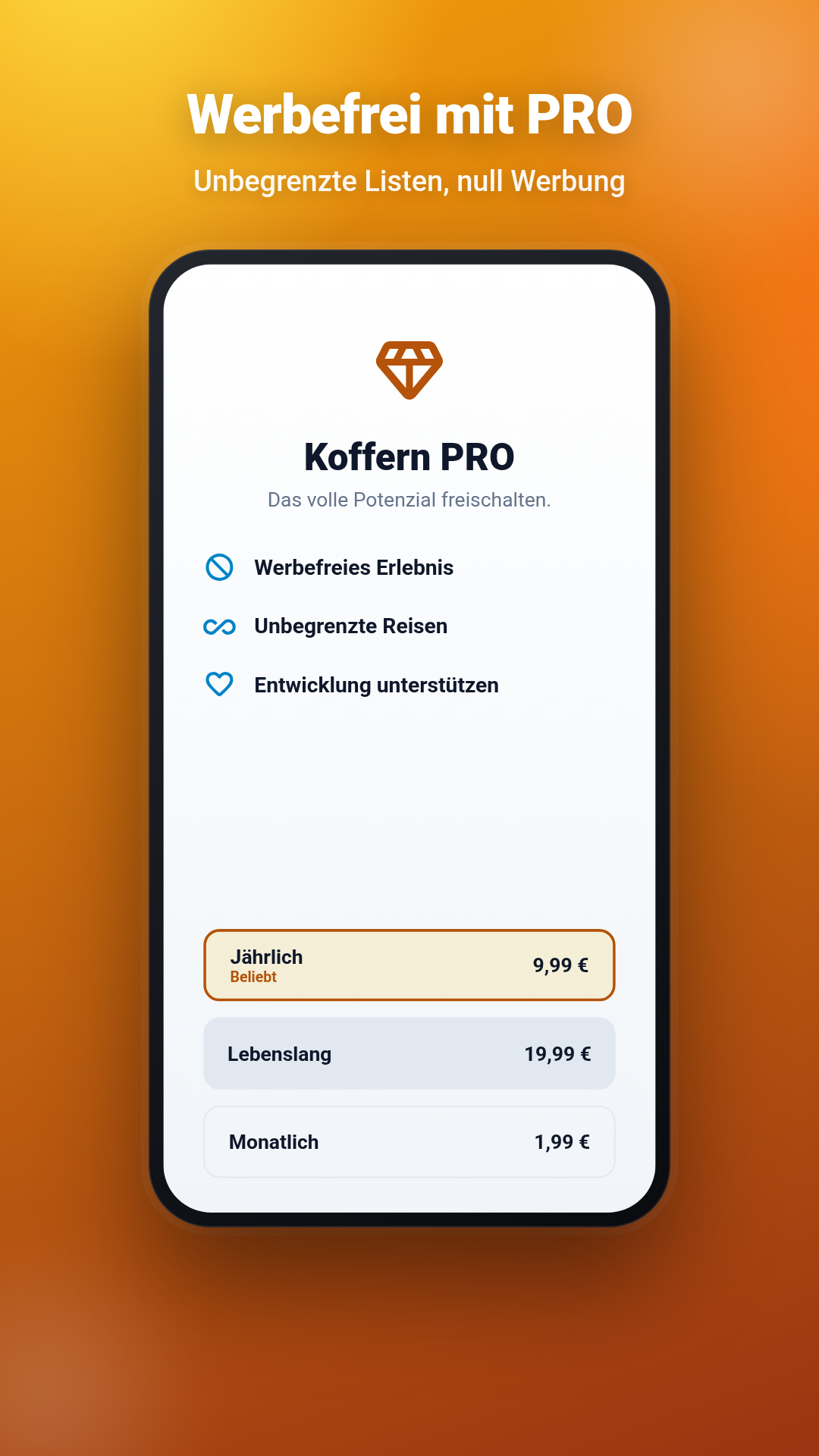 Koffern PRO – werbefrei mit unbegrenzten Listen